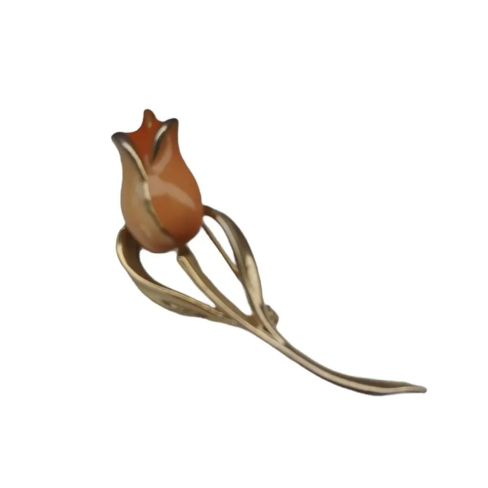 Gold Metal Tulip Pin Brooch Pink Resin